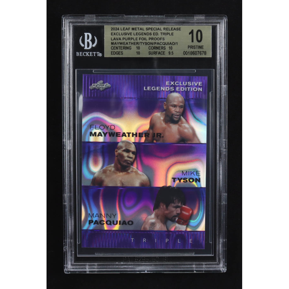 Mike Tyson / Floyd Mayweather Jr. / Manny Pacquiao 2024 Leaf Metal Special Release Exclusive Legends Ed. Triple Lava Purple Foil Proofs (BGS 10) at PristineAuction.com