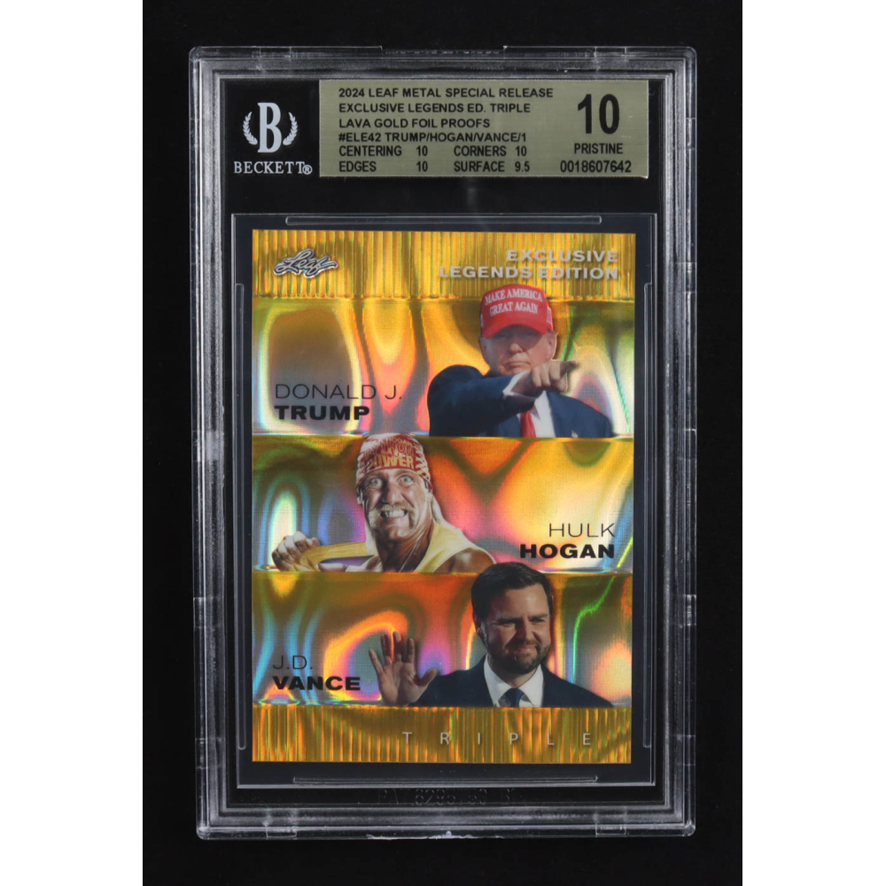 Donald J. Trump / Hulk Hogan / J.D. Vance 2024 Leaf Metal Special Release Exclusive Legends Ed. Triple Gold Foil Proofs #ELE42 (BGS 10) at PristineAuction.com