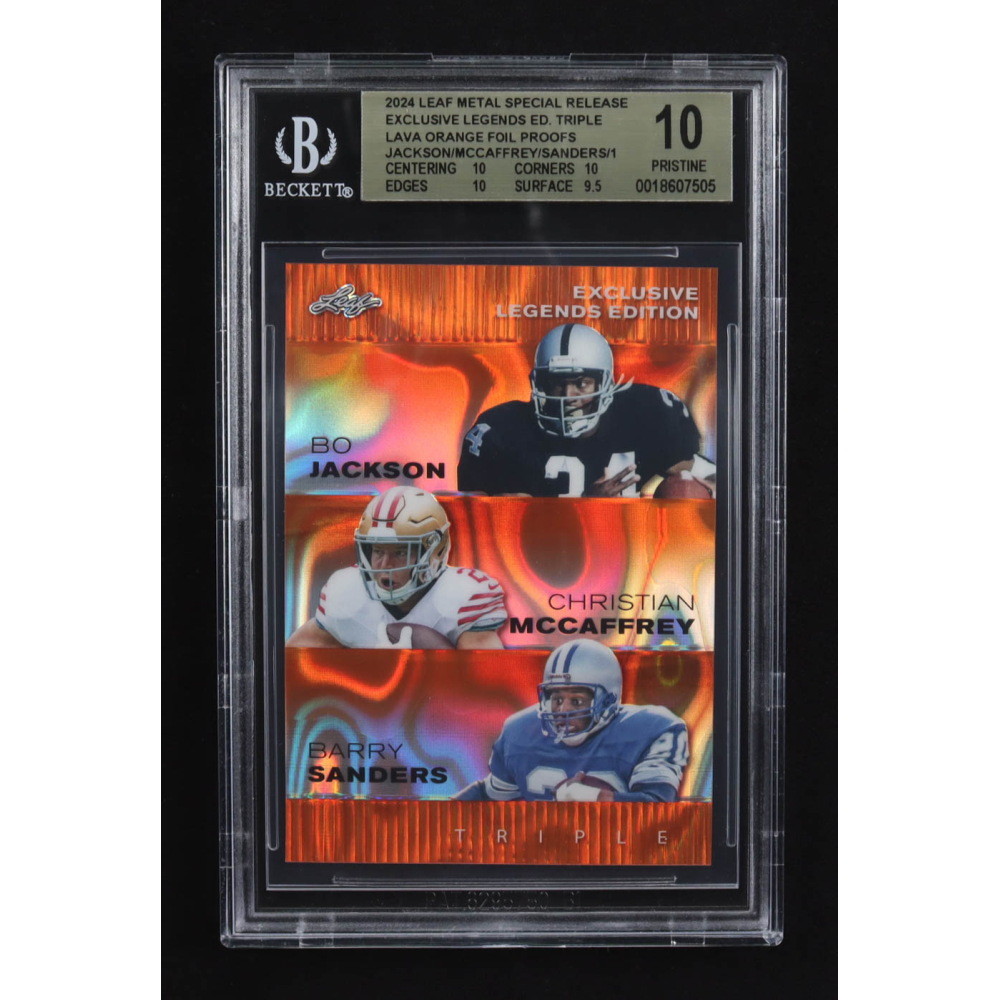 Christian Mccaffrey / Bo Jackson / Barry Sanders 2024 Leaf Metal Special Release Exclusive Legends Ed. Triple Lava Orange Foil Proofs (BGS 10) at PristineAuction.com