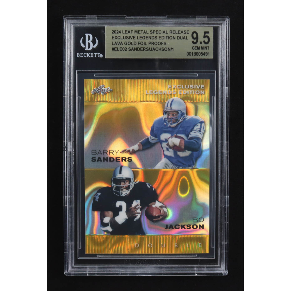 Bo Jackson / Barry Sanders 2024 Leaf Metal Special Release Exclusive Legends Ed. Dual Lava Gold Foil Proofs #ELE02 (BGS 9.5) at PristineAuction.com