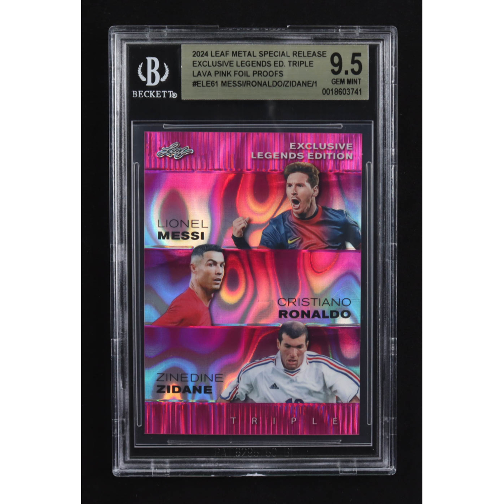 Lionel Messi / Zinedine Zidane / Cristiano Ronaldo 2024 Leaf Metal Special Release Exclusive Legends Ed. Triple Lava Pink Foil Proofs #ELE61 (BGS 9.5) at PristineAuction.com