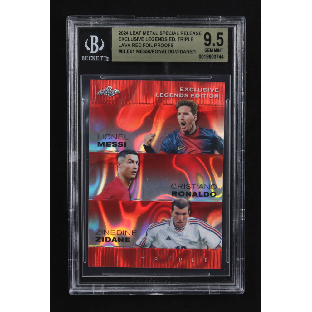 Lionel Messi / Zinedine Zidane / Cristiano Ronaldo 2024 Leaf Metal Special Release Exclusive Legends Ed. Triple Lava Red Foil Proofs #ELE61 (BGS 9.5) at PristineAuction.com