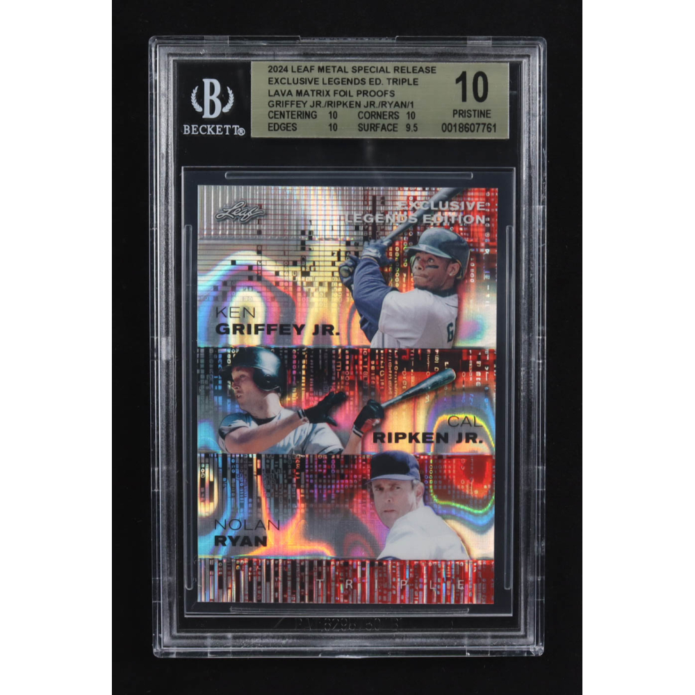 Ken Griffey Jr. / Cal Ripken Jr. / Nolan Ryan 2024 Leaf Metal Special Release Exclusive Legends Ed. Triple Lava Matrix Foil Proofs (BGS 10) at PristineAuction.com