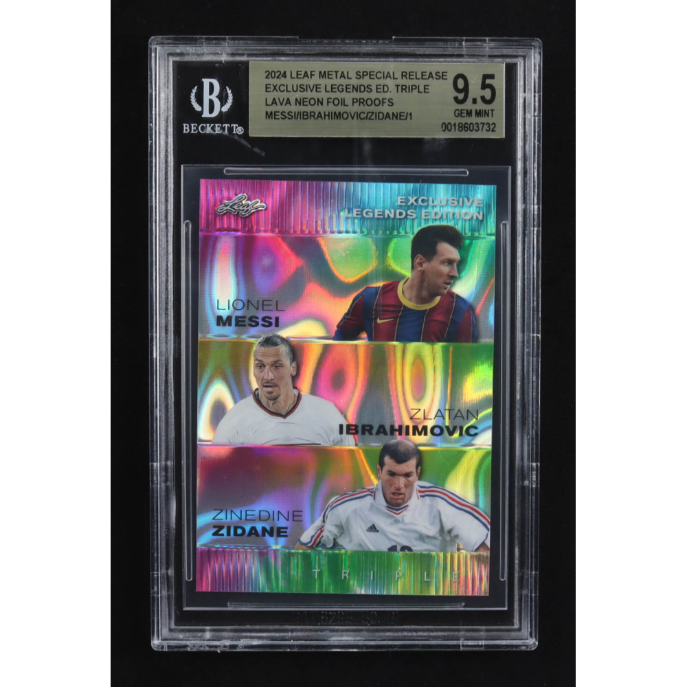 Lionel Messi / Zinedine Zidane / Zlatan Ibrahimovic 2024 Leaf Metal Special Release Exclusive Legends Ed. Triple Lava Neon Foil Proofs (BGS 9.5) at PristineAuction.com