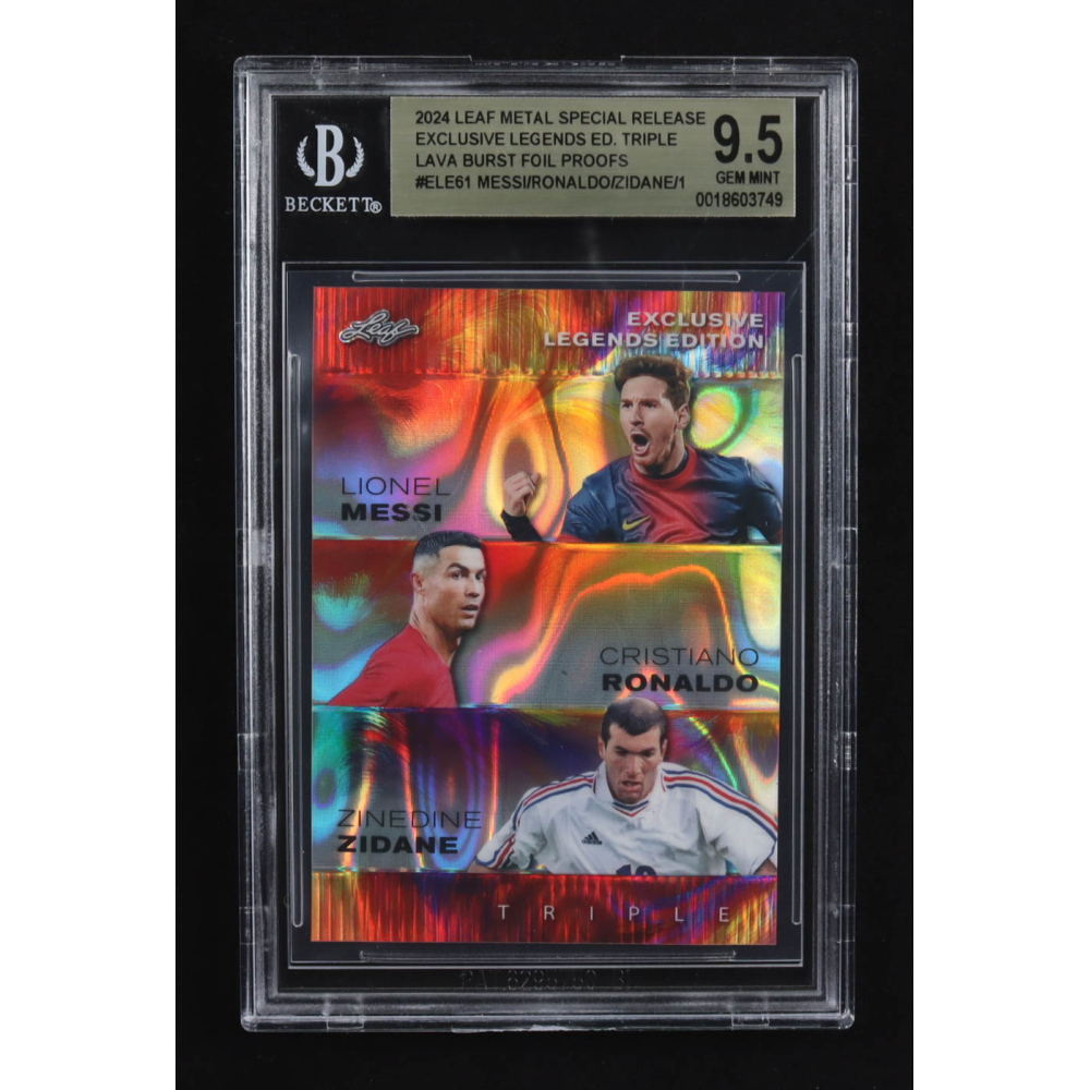 Lionel Messi / Zinedine Zidane / Cristiano Ronaldo 2024 Leaf Metal Special Release Exclusive Legends Ed. Triple Lava Burst Foil Proofs #ELE61 (BGS 9.5) at PristineAuction.com