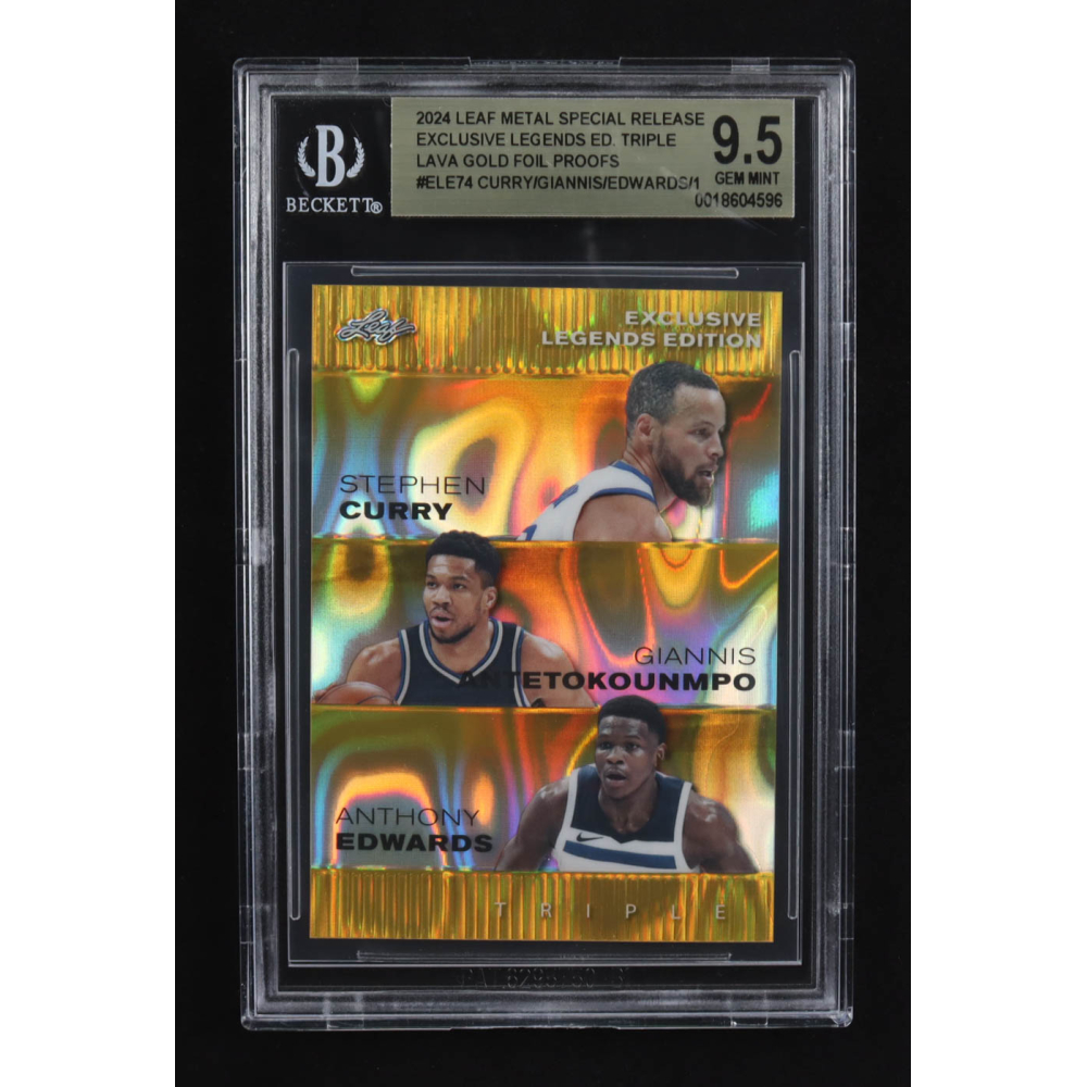 Giannis Antekounmpo / Anthony Edwards / Stephen Curry 2024 Leaf Metal Special Release Exclusive Legends Ed. Triple Lava Gold Foil Proofs #ELE74 (BGS 9.5) at PristineAuction.com