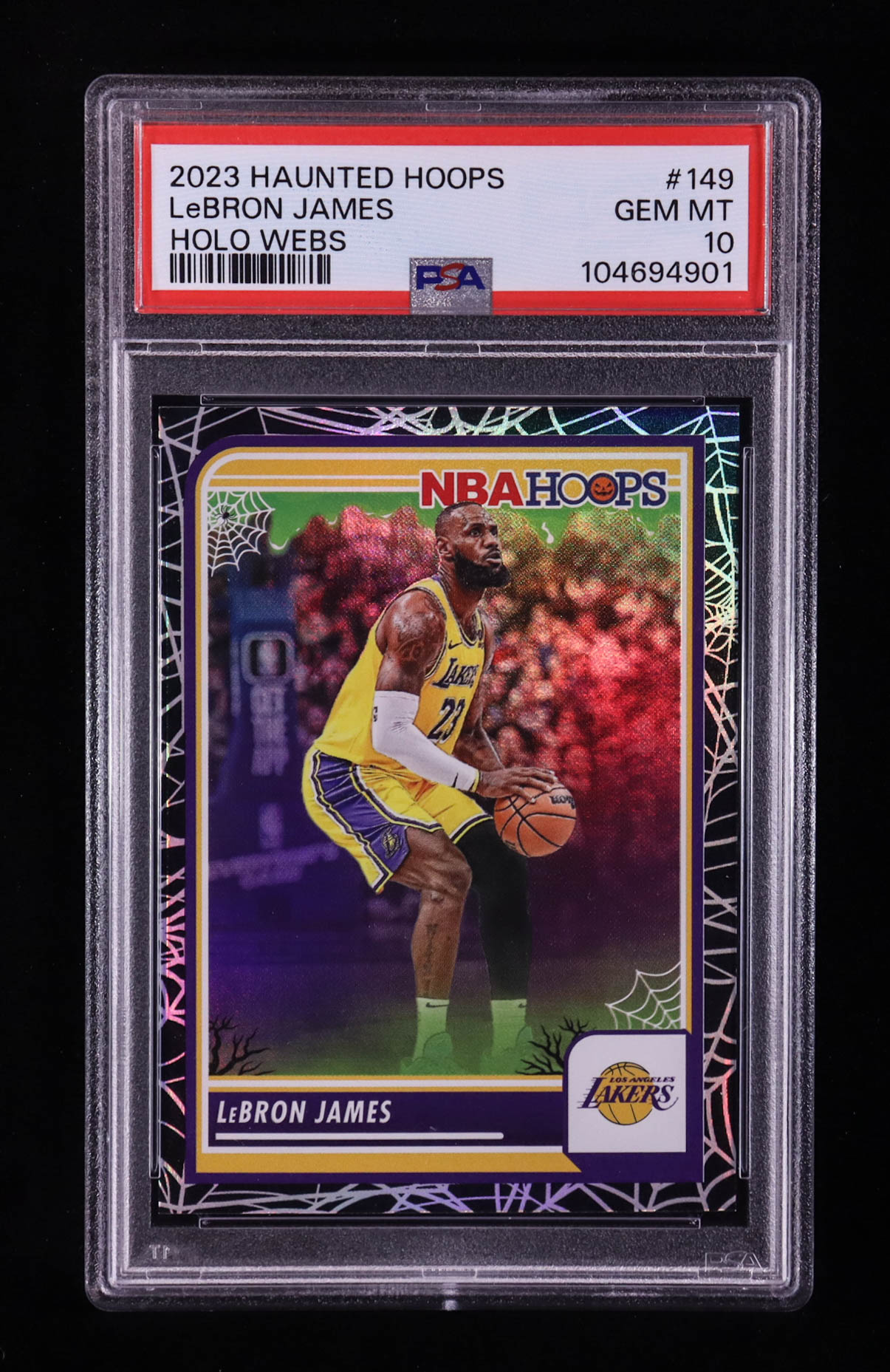 LeBron James 2023-24 Hoops Haunted Hoops Holo Webs #149 (PSA 10) at PristineAuction.com LeBron James 2023-24 Hoops Haunted Hoops Holo Webs #149 (PSA 10) at PristineAuction.com