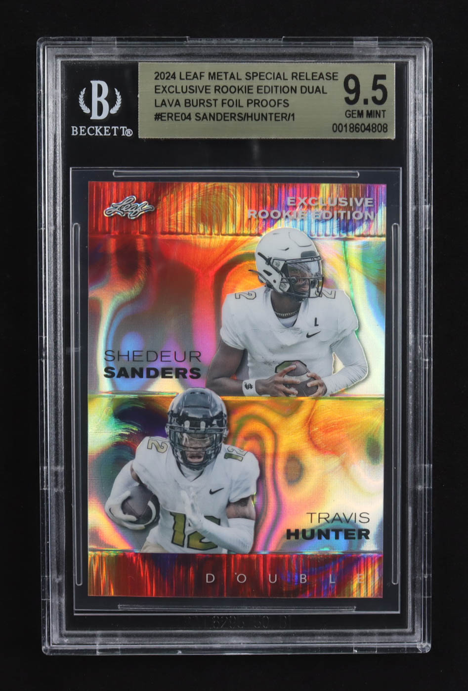 Shedeur Sanders / Travis Hunter 2024 Leaf Metal Special Release Exclusive Rookie Ed. Dual Lava Burst Foil Proofs #ERE04 RC #1/1 (BGS 9.5) at PristineAuction.com Shedeur Sanders / Travis Hunter 2024 Leaf Metal Special Release Exclusive Rookie Ed. Dual Lava Burst Foil Proofs #ERE04 RC #1/1 (BGS 9.5) at PristineAuction.com