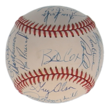 1992 Braves ONL Baseball Team-Signed by (23) with Tom Glavine, John Smoltz, Ron Gant, Greg Olson (Hollywood Collectibles) at PristineAuction.com 1992 Braves ONL Baseball Team-Signed by (23) with Tom Glavine, John Smoltz, Ron Gant, Greg Olson (Hollywood Collectibles) at PristineAuction.com