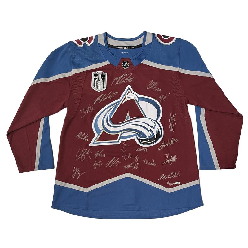 Avalanche 2022 SC Jersey Team-Signed by (20) with Andre Burakovsky, J.T. Compher, Pavel Francouz, Erik Johnson (Fanatics) at PristineAuction.com Avalanche 2022 SC Jersey Team-Signed by (20) with Andre Burakovsky, J.T. Compher, Pavel Francouz, Erik Johnson (Fanatics) at PristineAuction.com
