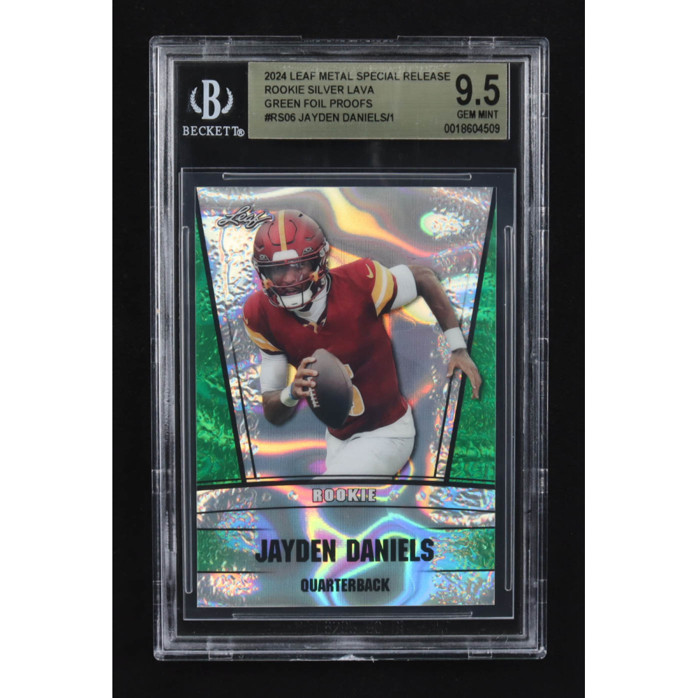 Jayden Daniels 2024 Leaf Metal Special Release Rookie Silver Lava Green Foil Proofs #RS06 RC (BGS 9.5) at PristineAuction.com