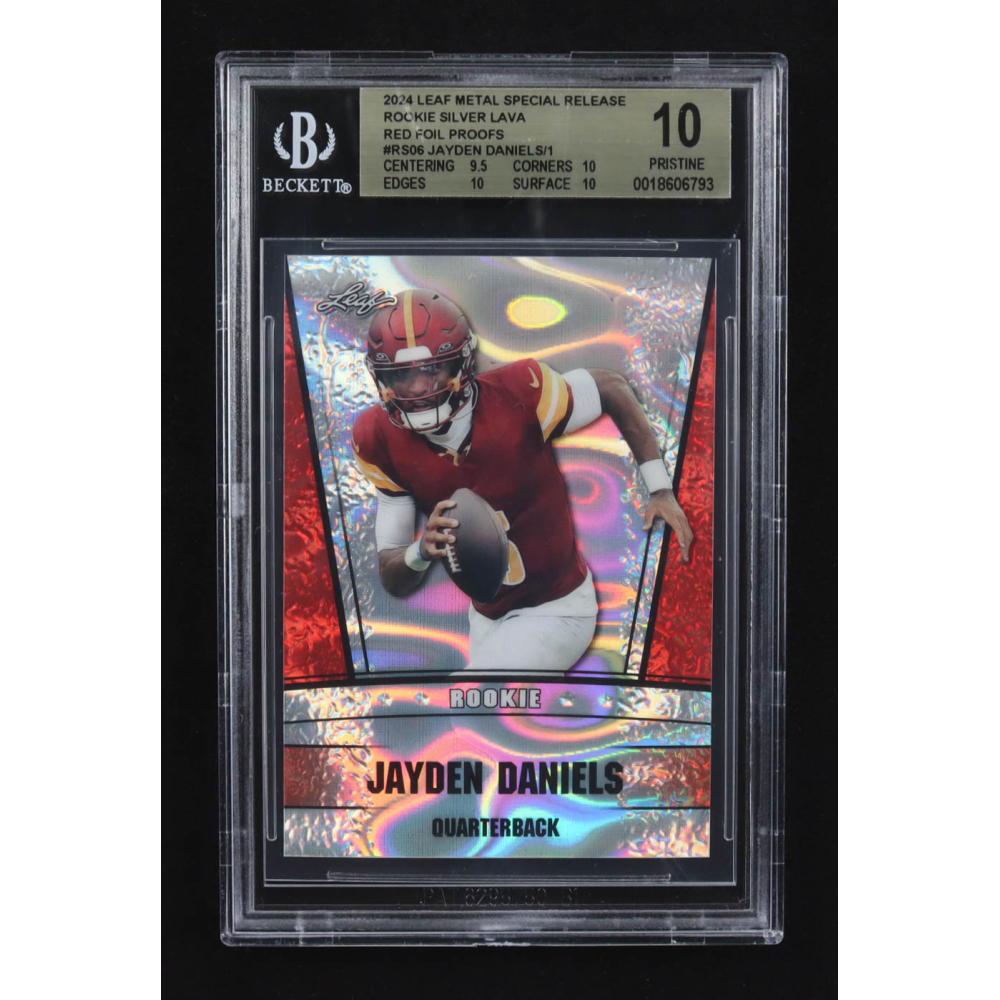 Jayden Daniels 2024 Leaf Metal Special Release Rookie Silver Lava Red Foil Proofs #RS06 RC (BGS 10) at PristineAuction.com