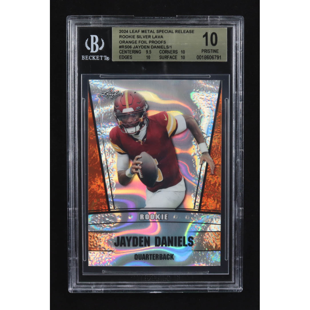 Jayden Daniels 2024 Leaf Metal Special Release Rookie Silver Lava Orange Foil Proofs #RS06 RC (BGS 10) at PristineAuction.com