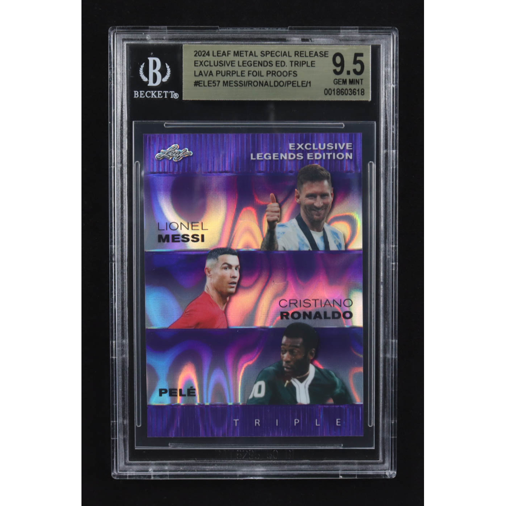 Lionel Messi / Pele / Cristiano Ronaldo 2024 Leaf Metal Special Release Exclusive Legends Ed. Triple Lava Purple Foil Proofs #ELE57 (BGS 9.5) at PristineAuction.com