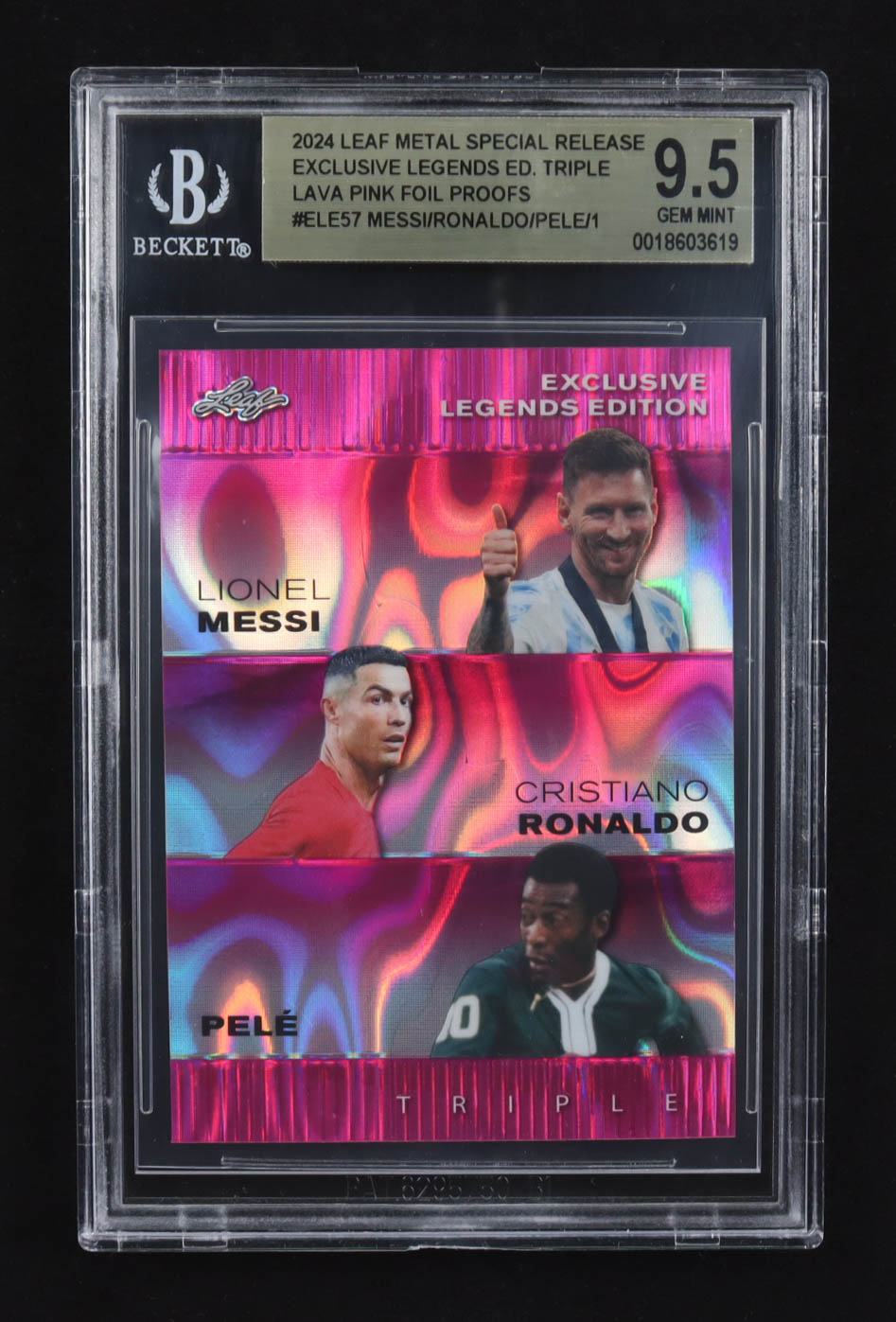 Lionel Messi / Pele / Cristiano Ronaldo 2024 Leaf Metal Special Release Exclusive Legends Ed. Triple Lava Pink Foil Proofs #ELE57 (BGS 9.5) at PristineAuction.com Lionel Messi / Pele / Cristiano Ronaldo 2024 Leaf Metal Special Release Exclusive Legends Ed. Triple Lava Pink Foil Proofs #ELE57 (BGS 9.5) at PristineAuction.com