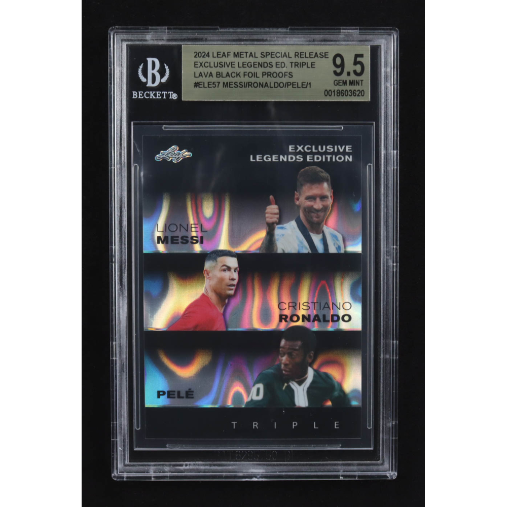 Lionel Messi / Pele / Cristiano Ronaldo 2024 Leaf Metal Special Release Exclusive Legends Ed. Triple Lava Black Foil Proofs #ELE57 (BGS 9.5) at PristineAuction.com