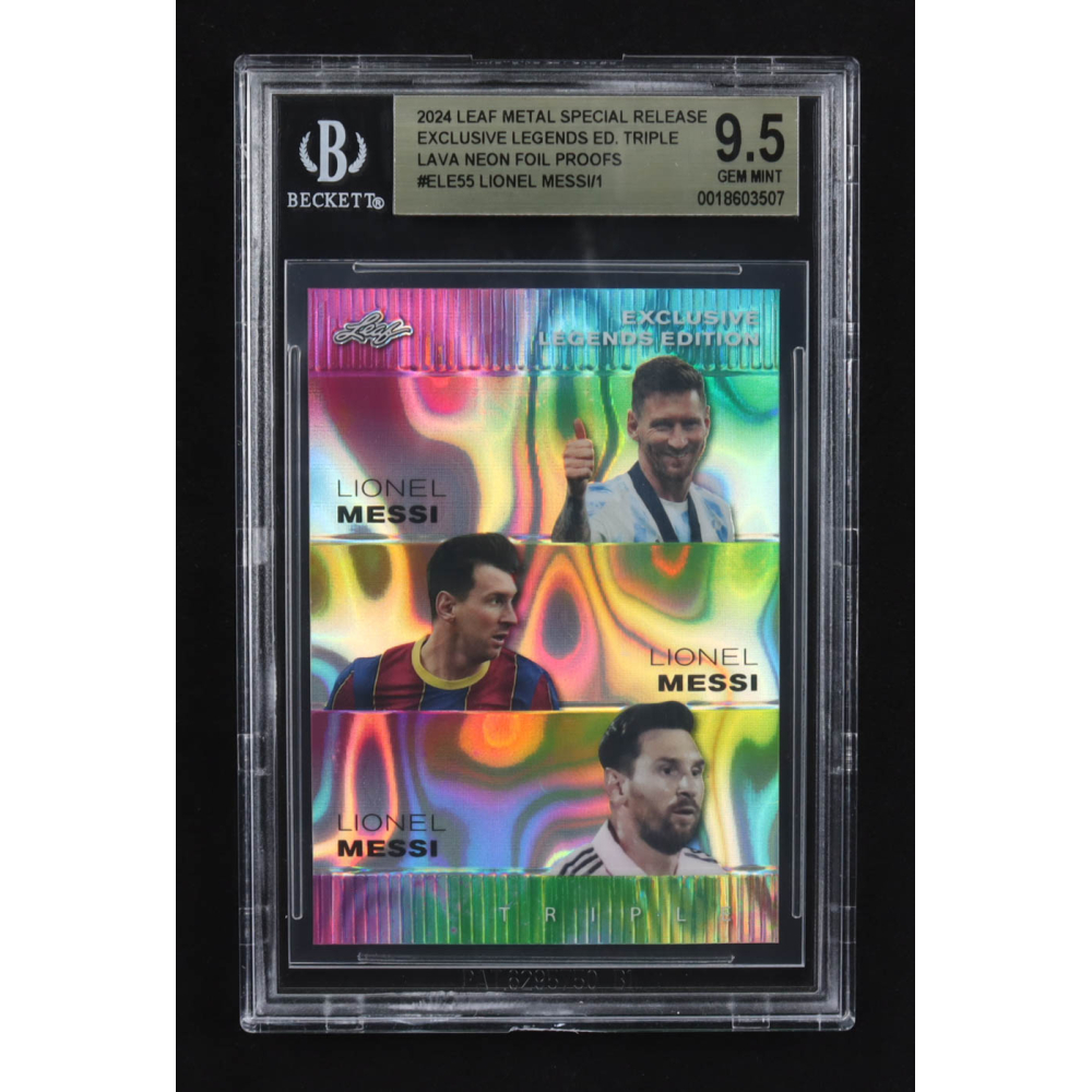 Lionel Messi / Lionel Messi  / Lionel Messi  2024 Leaf Metal Special Release Exclusive Legends Ed. Triple Lava Neon Foil Proofs #ELE55 (BGS 9.5) at PristineAuction.com