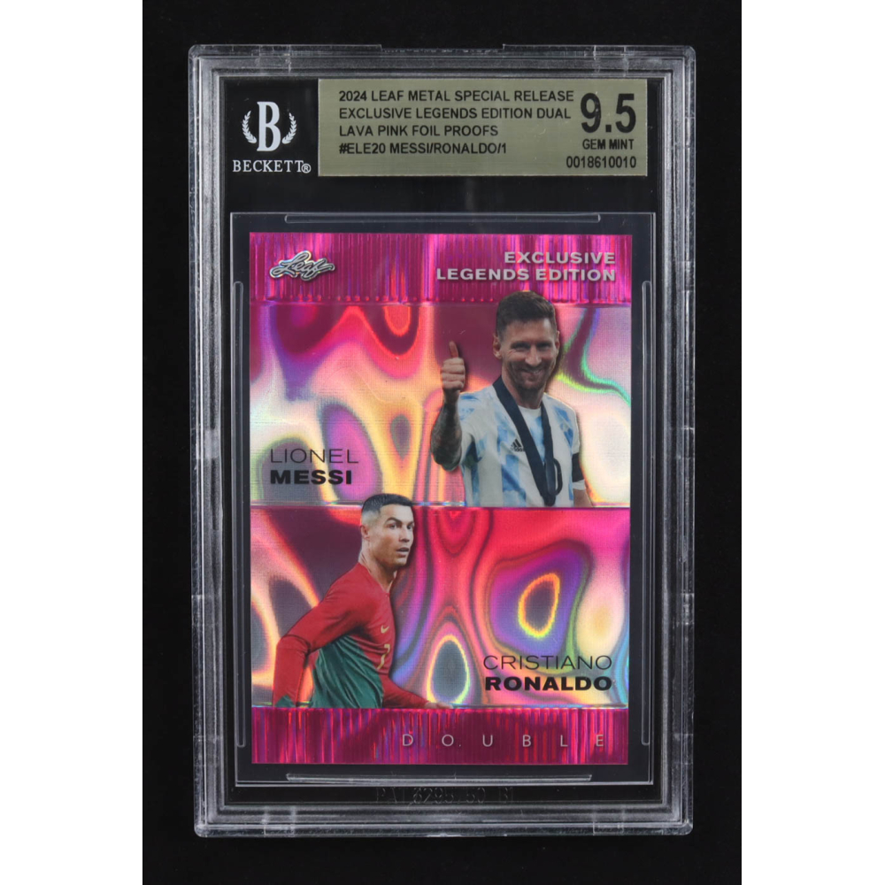 Lionel Messi / Cristiano Ronaldo 2024 Leaf Metal Special Release Exclusive Legends Ed. Dual Lava Pink Foil Proofs #ELE20 (BGS 9.5) at PristineAuction.com