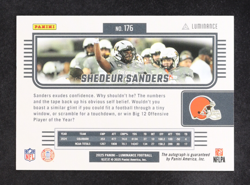 Shedeur Sanders 2025 Panini Luminance Autographs #176 #28/100 RC at PristineAuction.com Shedeur Sanders 2025 Panini Luminance Autographs #176 #28/100 RC at PristineAuction.com