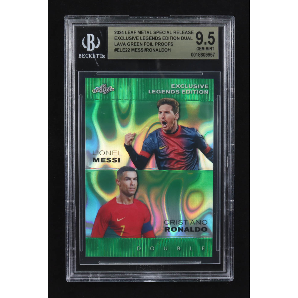 Lionel Messi / Cristiano Ronaldo 2024 Leaf Metal Special Release Exclusive Legends Ed. Dual Lava Green Foil Proofs #ELE22 (BGS 9.5) at PristineAuction.com