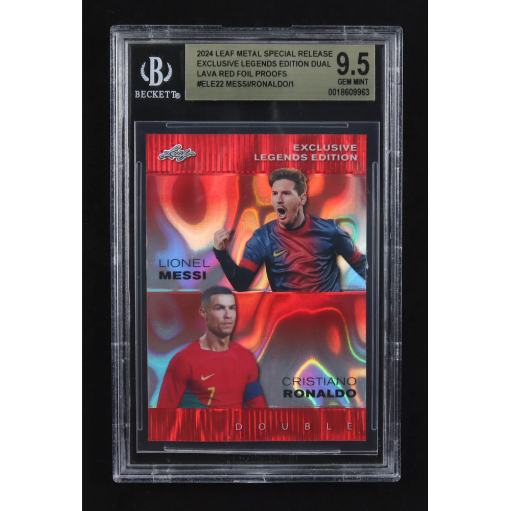 Lionel Messi / Cristiano Ronaldo 2024 Leaf Metal Special Release Exclusive Legends Ed. Dual Lava Red Foil Proofs #ELE22 (BGS 9.5) at PristineAuction.com