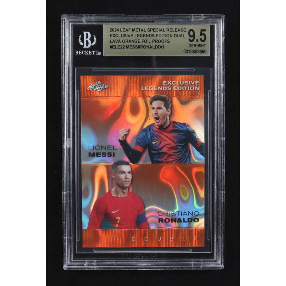 Lionel Messi / Cristiano Ronaldo 2024 Leaf Metal Special Release Exclusive Legends Ed. Dual Lava Orange Foil Proofs #ELE22 (BGS 9.5) at PristineAuction.com