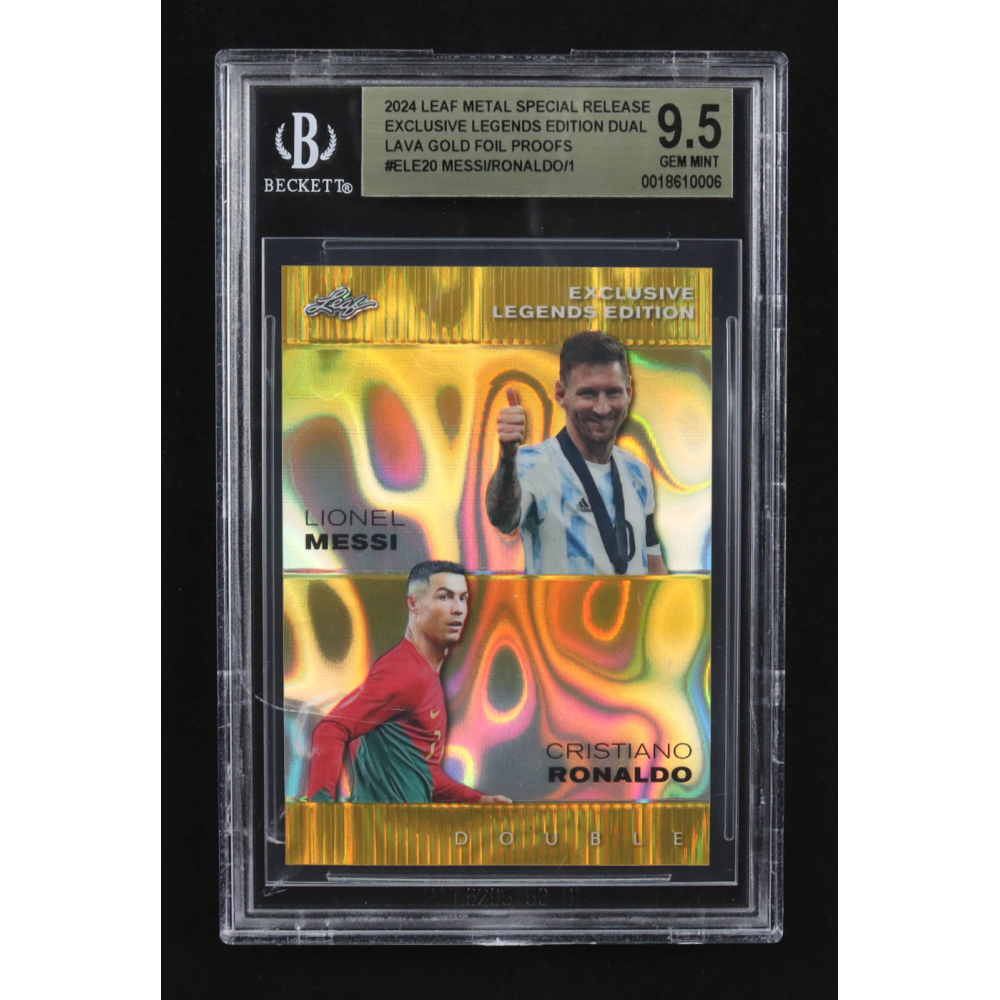 Lionel Messi / Cristiano Ronaldo 2024 Leaf Metal Special Release Exclusive Legends Ed. Dual Lava Gold Foil Proofs #ELE20 (BGS 9.5) at PristineAuction.com