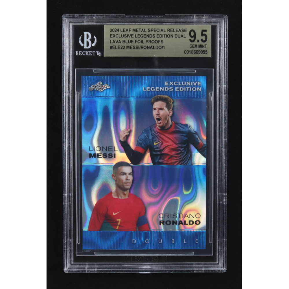 Lionel Messi / Cristiano Ronaldo 2024 Leaf Metal Special Release Exclusive Legends Ed. Dual Lava Blue Foil Proofs #ELE22 (BGS 9.5) at PristineAuction.com
