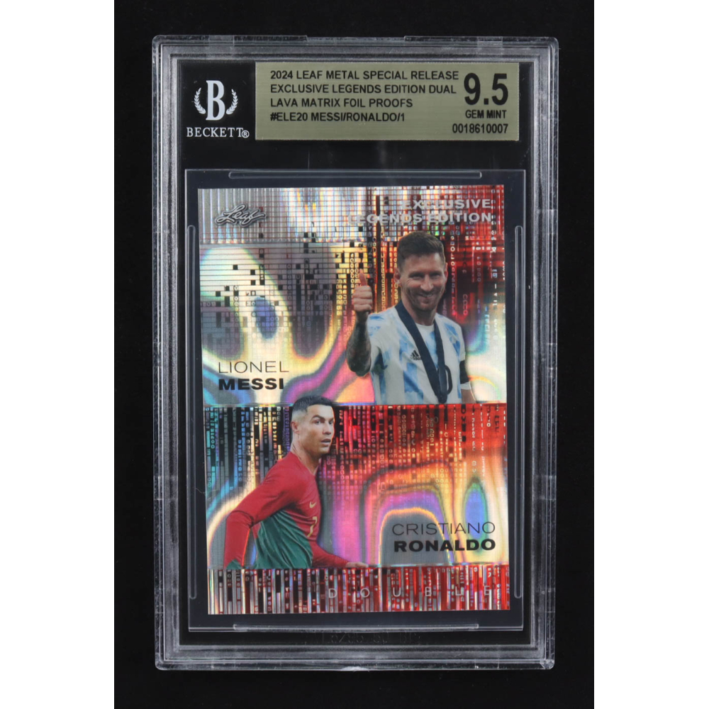 Lionel Messi / Cristiano Ronaldo 2024 Leaf Metal Special Release Exclusive Legends Ed. Dual Lava Matrix Foil Proofs #ELE20 (BGS 9.5) at PristineAuction.com
