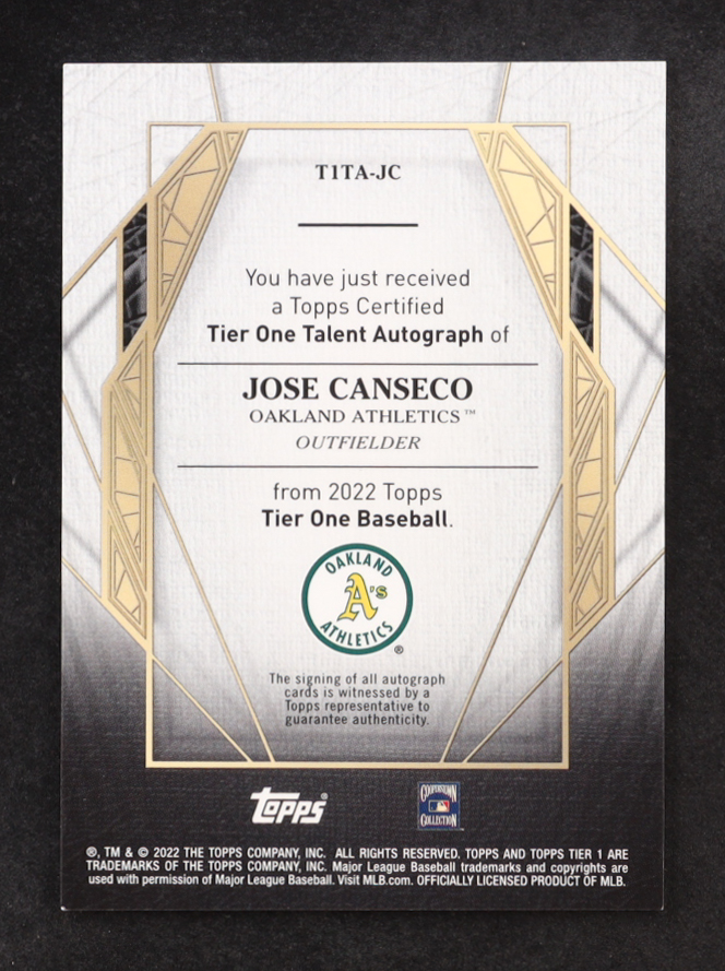 Jose Canseco 2022 Topps Tier One Talent Autographs #T1TAJC #228/299 at PristineAuction.com Jose Canseco 2022 Topps Tier One Talent Autographs #T1TAJC #228/299 at PristineAuction.com