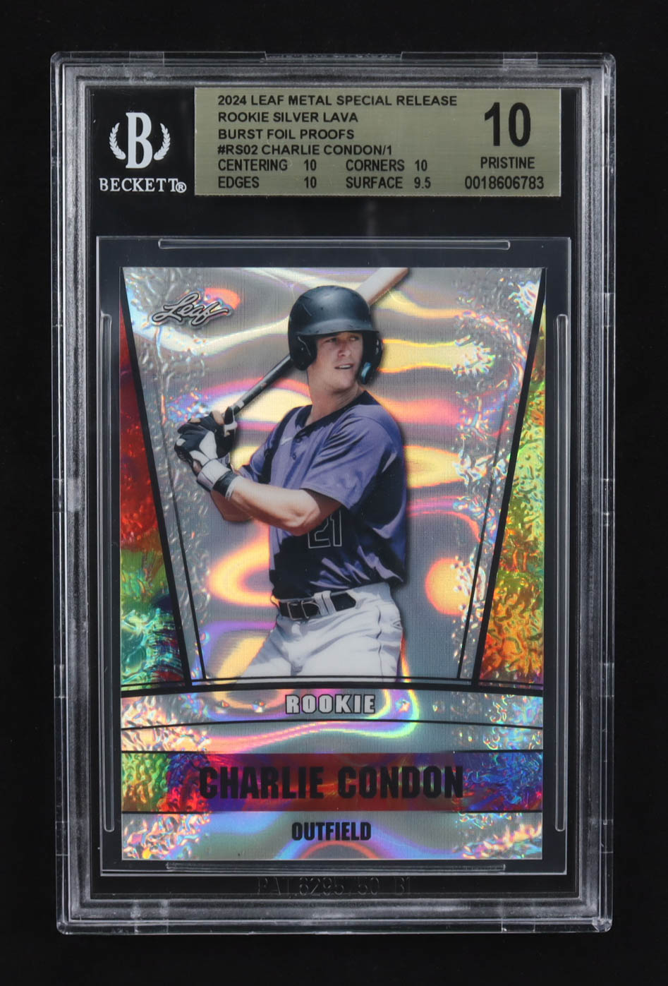 Charlie Condon 2024 Leaf Metal Special Release Rookie Silver Lava Burst Foil Proofs #RS02 RC (BGS 10) at PristineAuction.com Charlie Condon 2024 Leaf Metal Special Release Rookie Silver Lava Burst Foil Proofs #RS02 RC (BGS 10) at PristineAuction.com