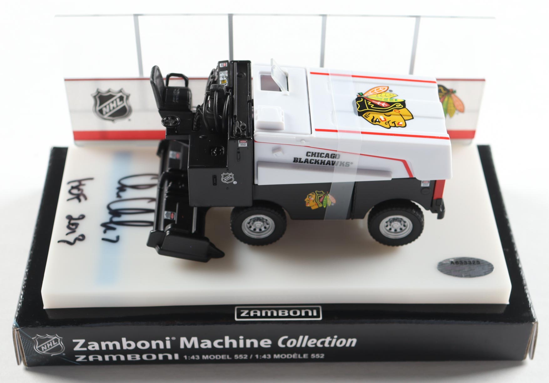 Chris Chelios Signed 2023 Blackhawks Zamboni Machine Collection | 1:43 Diecast Zamboni Inscribed "HOF 2013" (Schwartz) at PristineAuction.com Chris Chelios Signed 2023 Blackhawks Zamboni Machine Collection | 1:43 Diecast Zamboni Inscribed "HOF 2013" (Schwartz) at PristineAuction.com
