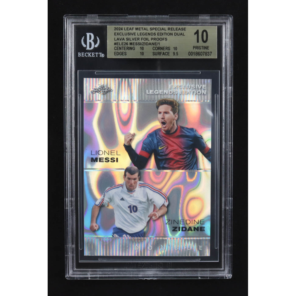 Lionel Messi / Zinedine Zidane 2024 Leaf Metal Special Release Exclusive Legends Ed. Dual Lava Silver Foil Proofs #ELE26 (BGS 10) at PristineAuction.com