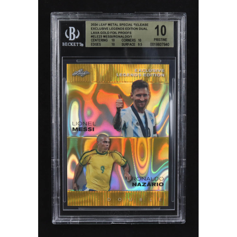 Lionel Messi / Ronaldo Nazario 2024 Leaf Metal Special Release Exclusive Legends Ed. Dual Lava Gold Foil Proofs #ELE23 (BGS 10) at PristineAuction.com