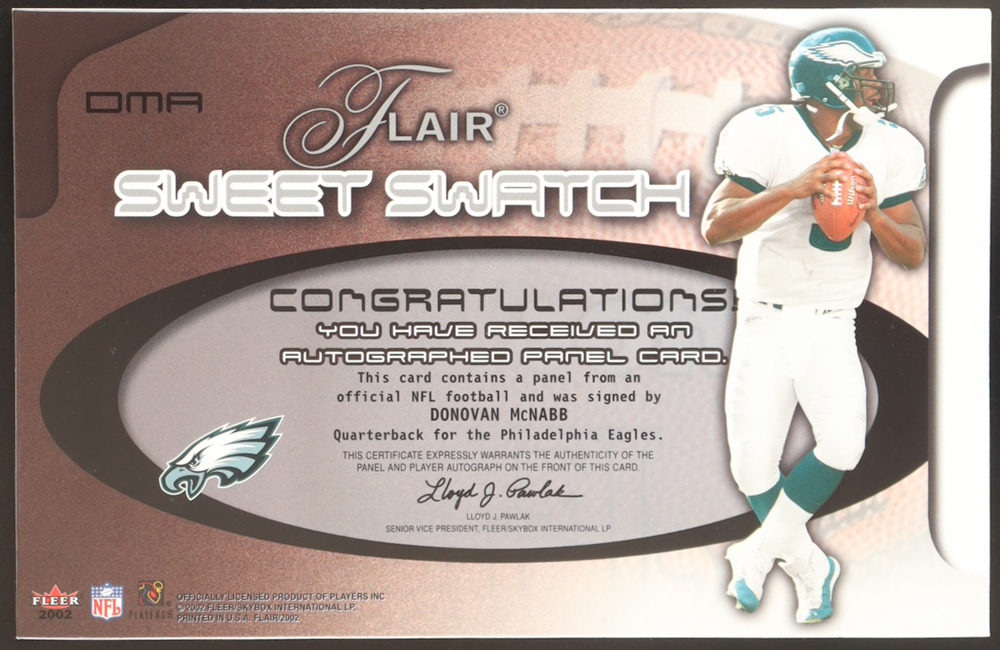 Donovan McNabb 2002 Flair Sweet Swatch Auto Jumbo #OMA at PristineAuction.com Donovan McNabb 2002 Flair Sweet Swatch Auto Jumbo #OMA at PristineAuction.com