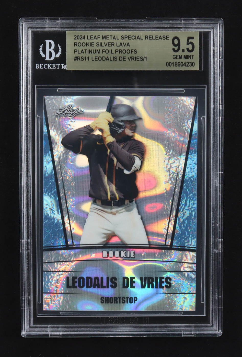 Leodalis De Vries 2024 Leaf Metal Special Release Rookie Silver Lava Platinum Foil Proofs #RS11 RC (BGS 9.5) at PristineAuction.com Leodalis De Vries 2024 Leaf Metal Special Release Rookie Silver Lava Platinum Foil Proofs #RS11 RC (BGS 9.5) at PristineAuction.com