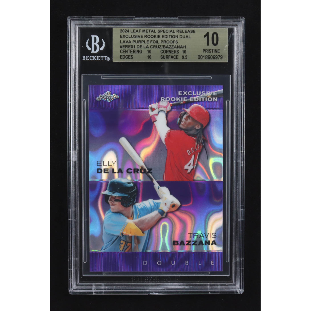 Elly De La Cruz / Travis Bazzana 2024 Leaf Metal Special Release Exclusive Rookie Ed. Dual Lava Purple Foil Proofs #ERE01 RC #1/1 (BGS 10) at PristineAuction.com