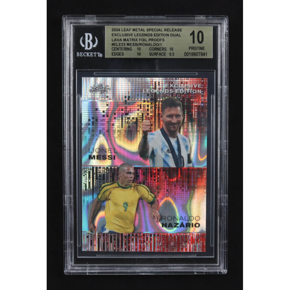 Lionel Messi / Ronaldo Nazario 2024 Leaf Metal Special Release Exclusive Legends Ed. Dual Lava Matrix Foil Proofs #ELE23 (BGS 10) at PristineAuction.com