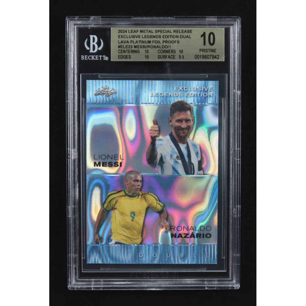 Lionel Messi / Ronaldo Nazario 2024 Leaf Metal Special Release Exclusive Legends Ed. Dual Lava Platinum Foil Proofs #ELE23 (BGS 10) at PristineAuction.com