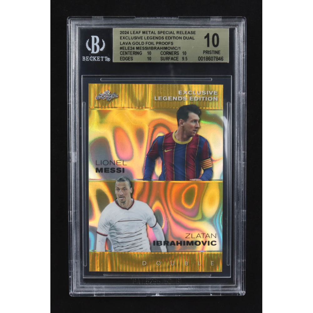 Lionel Messi / Zlatan Ibrahimovic 2024 Leaf Metal Special Release Exclusive Legends Ed. Dual Lava Gold Foil Proofs #ELE24 (BGS 10) at PristineAuction.com