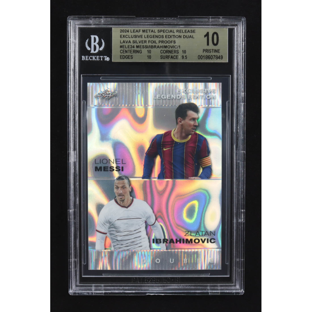 Lionel Messi / Zlatan Ibrahimovic 2024 Leaf Metal Special Release Exclusive Legends Ed. Dual Lava Silver Foil Proofs #ELE24 (BGS 10) at PristineAuction.com