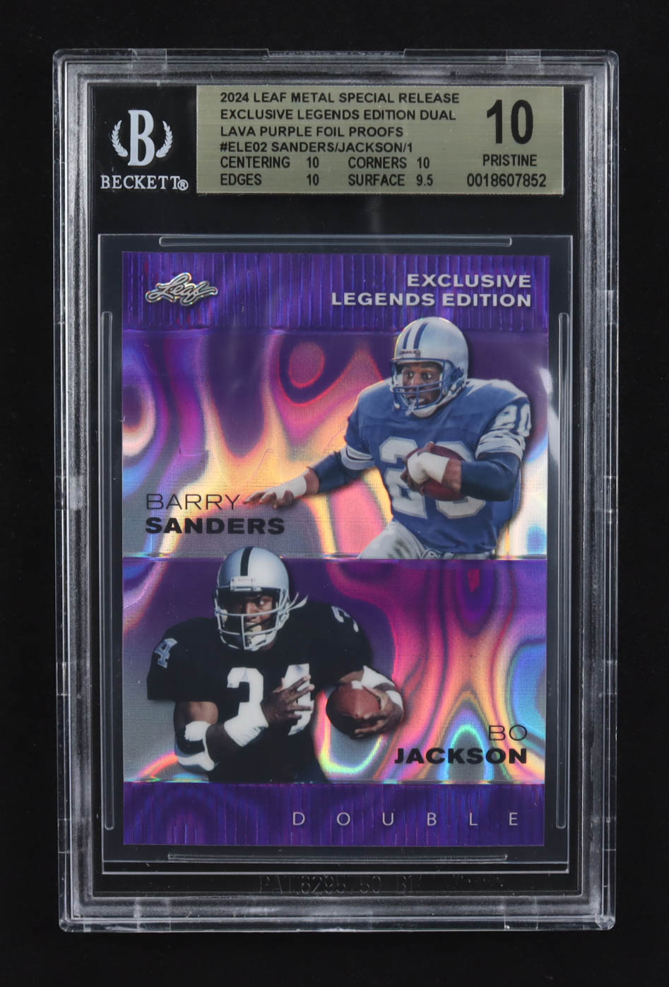Bo Jackson / Barry Sanders 2024 Leaf Metal Special Release Exclusive Legends Ed. Dual Lava Purple Foil Proofs #ELE02 (BGS 10) at PristineAuction.com Bo Jackson / Barry Sanders 2024 Leaf Metal Special Release Exclusive Legends Ed. Dual Lava Purple Foil Proofs #ELE02 (BGS 10) at PristineAuction.com