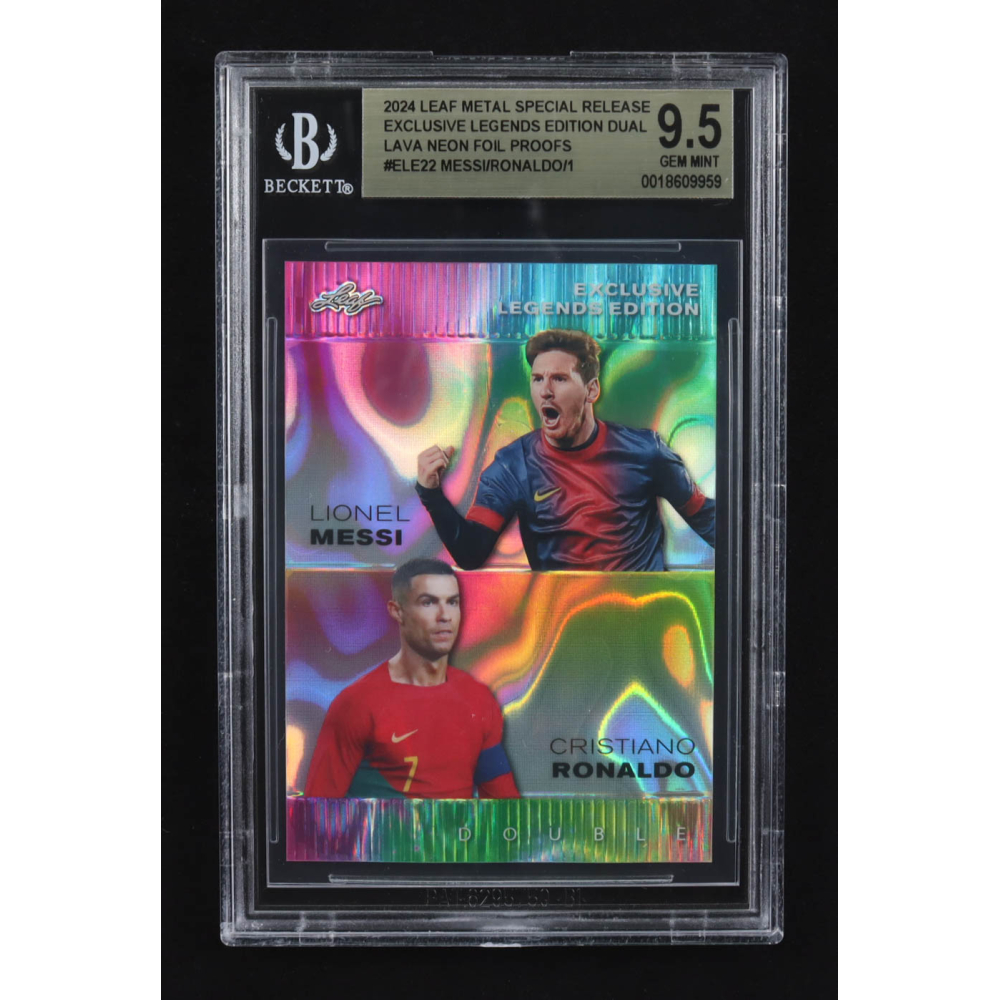 Lionel Messi / Cristiano Ronaldo 2024 Leaf Metal Special Release Exclusive Legends Ed. Dual Lava Neon Foil Proofs #ELE22 (BGS 9.5) at PristineAuction.com