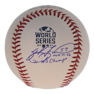 Sal Fasano Signed Official 2021 World Series Logo Baseball Inscribed "21 WS Champs" (Beckett) at PristineAuction.com Sal Fasano Signed Official 2021 World Series Logo Baseball Inscribed "21 WS Champs" (Beckett) at PristineAuction.com
