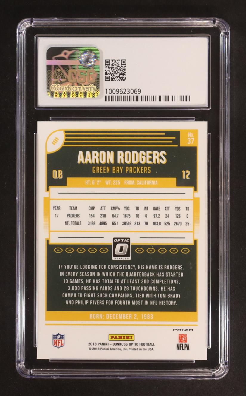 Aaron Rodgers 2018 Panini Donruss Optic Holo #37 (CSG 9.5) at PristineAuction.com Aaron Rodgers 2018 Panini Donruss Optic Holo #37 (CSG 9.5) at PristineAuction.com