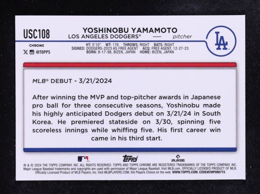 Yoshinobu Yamamoto 2024 Topps Chrome Update X-Fractors #USC108 RC at PristineAuction.com Yoshinobu Yamamoto 2024 Topps Chrome Update X-Fractors #USC108 RC at PristineAuction.com