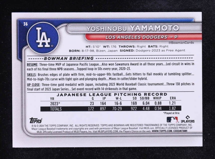 Yoshinobu Yamamoto 2024 Bowman Fuchsia #36 #64/299 RC at PristineAuction.com Yoshinobu Yamamoto 2024 Bowman Fuchsia #36 #64/299 RC at PristineAuction.com