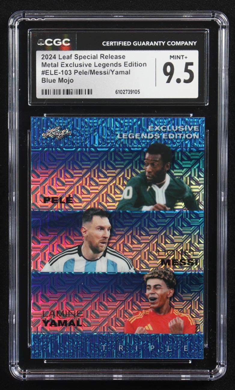 Pele / Lionel Messi / Lamine Yamal 2024 Leaf Special Release Metal Exclusive Legends Edition Blue Mojo Triple #ELE-103 #9/20 (CGC 9.5) at PristineAuction.com Pele / Lionel Messi / Lamine Yamal 2024 Leaf Special Release Metal Exclusive Legends Edition Blue Mojo Triple #ELE-103 #9/20 (CGC 9.5) at PristineAuction.com