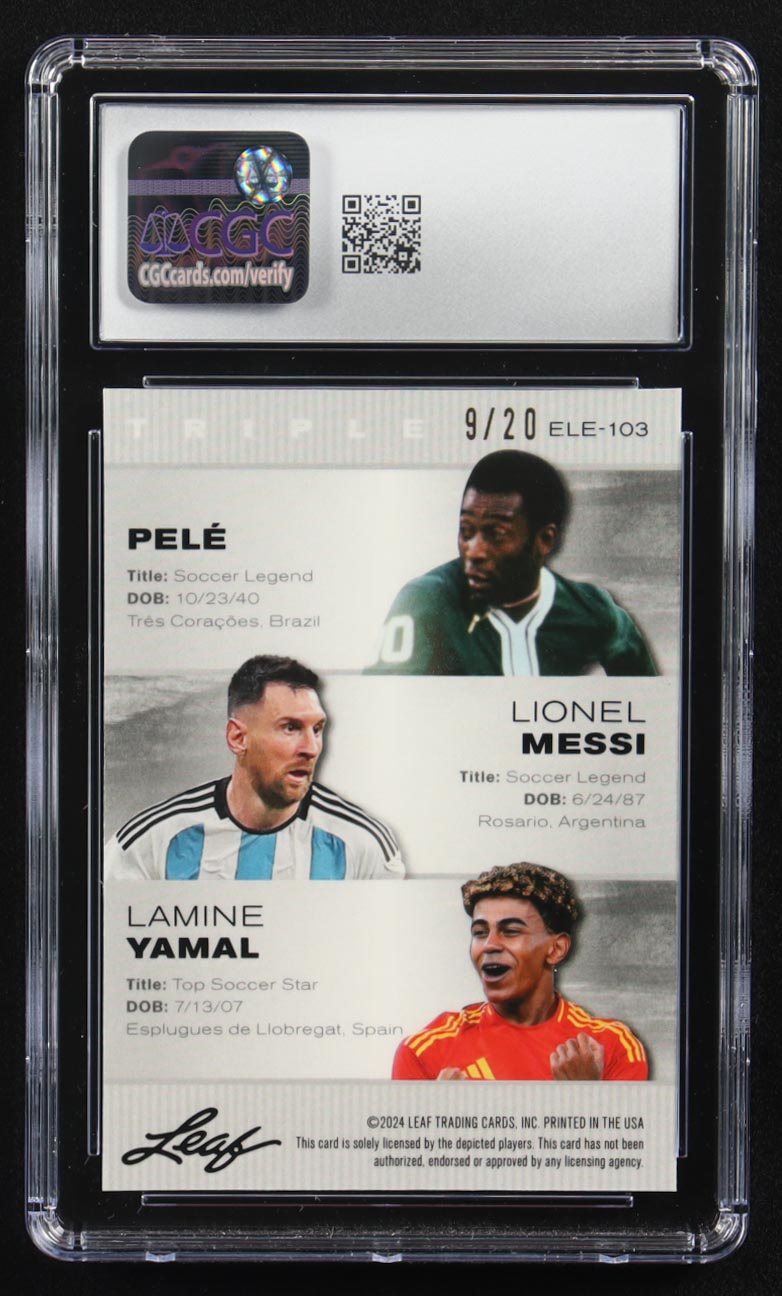 Pele / Lionel Messi / Lamine Yamal 2024 Leaf Special Release Metal Exclusive Legends Edition Blue Mojo Triple #ELE-103 #9/20 (CGC 9.5) at PristineAuction.com Pele / Lionel Messi / Lamine Yamal 2024 Leaf Special Release Metal Exclusive Legends Edition Blue Mojo Triple #ELE-103 #9/20 (CGC 9.5) at PristineAuction.com