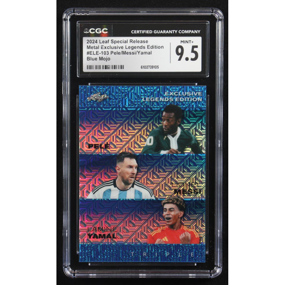 Pele / Lionel Messi / Lamine Yamal 2024 Leaf Special Release Metal Exclusive Legends Edition Blue Mojo Triple #ELE-103 #9/20 (CGC 9.5) at PristineAuction.com